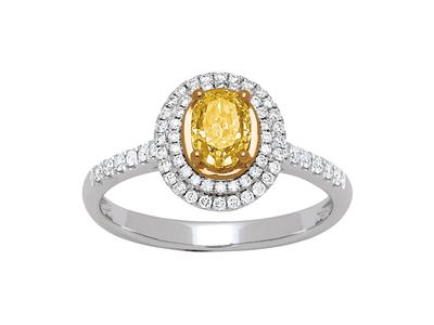 Solitärring, Ovaler Gelber Diamant 0,77ct, Diamanten 0,28ct, 18k Weigold, Finger 56