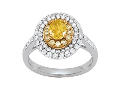 Solitärring, Ovaler Gelber Diamant 0,63ct Und Runde Diamanten 0,20ct, Weie Diamanten 0,57ct, 18k Weissgold, Finger 52