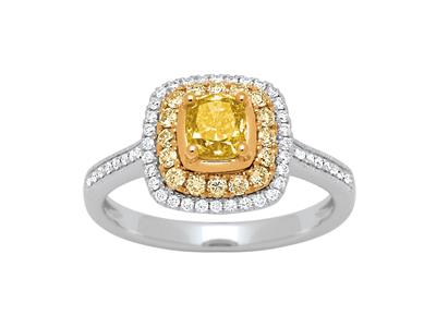 Solitärring, Gelbe Princess-diamanten 0,71ct Und Runde 0,22ct, Diamanten 0,16ct, 18k Weigold, Finger 52