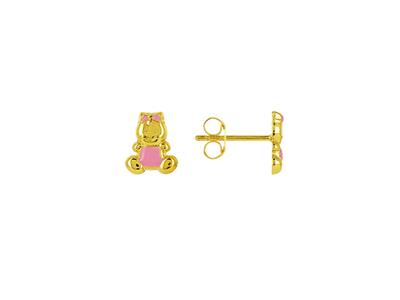 Ohrringe Teddybär Rosafarbenes Emaille, 7 Mm, 18k Gelbgold