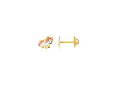 Ohrringe Pony Weißes Und Rosafarbenes Emaille 4 Mm, 18k Gelbgold - Standard Bild - 1