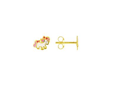 Ohrringe Pony Weißes Und Rosafarbenes Emaille, 4 Mm, 18k Gelbgold - Standard Bild - 1