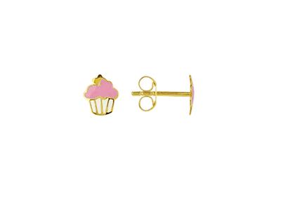 Cupcake-ohrringe Aus Rosa Und Weißem Emaille, 6 Mm, 18k Gelbgold - Standard Bild - 1